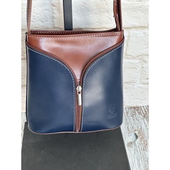 Vera Pelle Italian Leather Handbag Crossbody Blue With Brown Silvertone - Picture 2 of 16